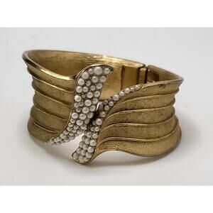 Crown Trifari Gold Tone Hinged Cuff Bracelet Faux Pearl Textured